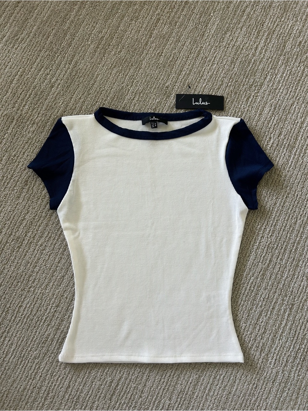 Jessie Baseball White and Navy Ribbed Knit Crew Neck Baby Tee